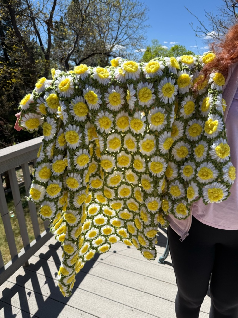 Vintage Handmade Yellow white Daisies Avocado Green Crocheted Throw Blanket - Picture 6 of 17